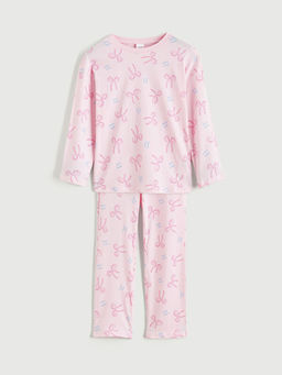 Bisiklet Yaka Fiyonk Bask?l? K?z ?ocuk Pijama Tak?m?