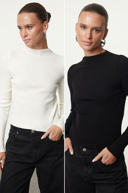 TRENDYOLMILLA Siyah-Ekru Basic 2li Paket Triko Kazak TWOAW25KZ00370