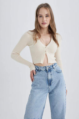 Крутой трикотажный кардиган стандартного кроя с V-образным вырезом - Defacto фото 3