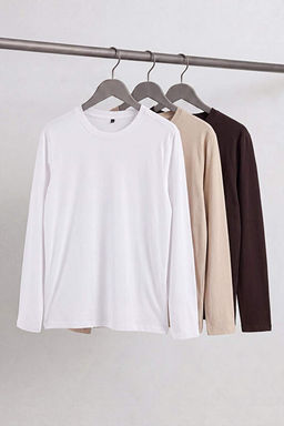 Koyu Kahve- Ta_- Ekru Regular/Normal Uzun Kollu 3l_ Basic Paket T-Shirt TMNAW21TS0197