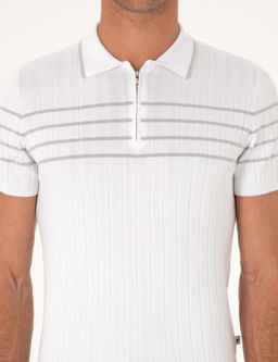 Beyaz Slim Fit %100 Pamuk Fermuarl_ Polo Yaka Triko T-shirt