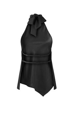 Siyah Asimetrik Kesim Halter Yaka Saten Bluz TPRSS26BZ00019