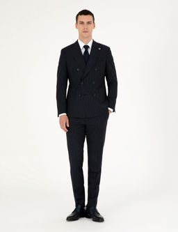 Lacivert Extra Slim Fit _izgili Kruvaze Y_n Kar___ml_ Tak_m Elbise
