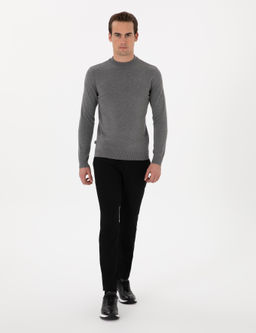Gri Melanj Slim Fit _eyrek Yaka Basic Triko Kazak