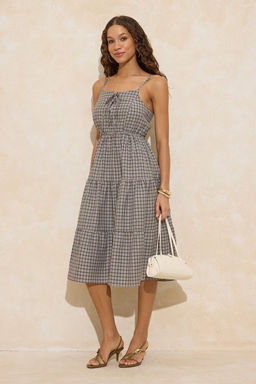 Haki Ekose/Kareli Baglama Detayl? Midi Dokuma Elbise TWOSS26EL00061