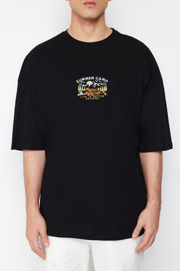 Siyah Oversize/Genis Kesim K?sa Kol Manzara Nak?sl? %100 T-Shirt TMNSS23TS00243