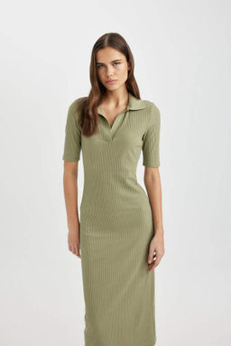 Облегающее платье миди с воротником-поло в рубчик и короткими рукавами - Defacto фото 5