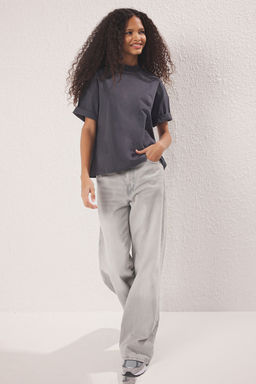 Antrasit %100 Kal?n Pamuklu Dik Yaka Truvakar Kol Orme T-Shirt TWOSS24TS00074