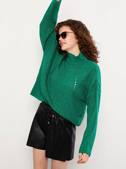 Yar?m Bal?k?? Yaka Kendinden Desenli Uzun Kollu Kad?n Triko Kazak