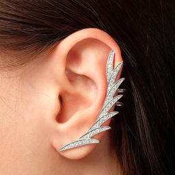 Серьга Кафф перо стразы, цвет белый в серебре