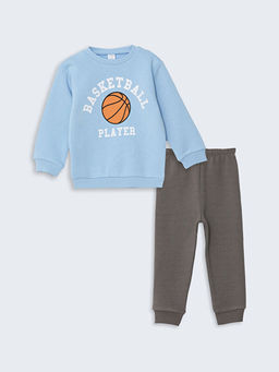 Bisiklet Yaka Bask?l? Erkek ?ocuk Sweatshirt ve E?ofman Alt 2li