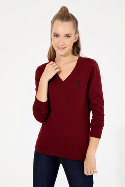 Женский бордовый базовый свитер с v-образным вырезом Неожиданная скидка в корзине