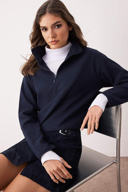 Lacivert Selanik/Triko Gorunumlu Fermuarl? Yaka Regular/Normal Kal?p Orme Sweatshirt TWOAW22SW0732