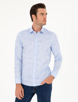 Голубая зауженная рубашка с длинным рукавом