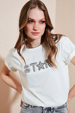Bask?l? % 100 Pamuklu Bisiklet Yaka T Shirt 6010021