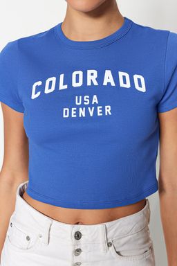 TRENDYOLMILLA Antrasit %100 Pamuk Slogan Bask?l? Fitted/Vucuda Oturan Crop Esnek Orme T-Shirt TWOSS23TS00101 фото 3