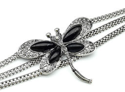 Браслет на металлической основе "Стрекоза" с агатом черным (имитация), 21см