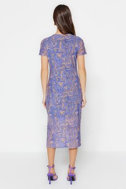 Mavi Bask?l? K?sa Kol Bisiklet Yaka Vucuda Oturan Esnek Midi Tul Kalem Elbise TWOSS23EL01791