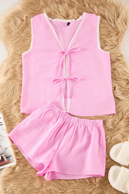 Trendyolmilla Pembe %100 Pamuklu Dantelli ve Baglama/Fiyonklu Muslin Sortlu Dokuma Pijama Tak?m? THMSS25PT00025 фото 6