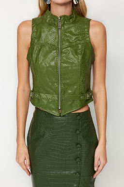 Limited Edition Haki Astarl? Timsah Desenli Crop Dokuma Yelek TWOAW22YE0083