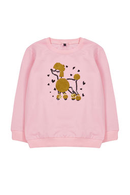 Pembe K?z Cocuk Mevsimlik-Ince Bask?l? Pamuklu Orme Sweatshirt TKDAW25SW00011