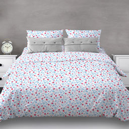 Постельное белье, комплект 1,5 спальный "Цветочная полянка, красный", 4 предмета: пододеяльник 145х215см, простыня классическая цвет красный 150х215см, 2 наволочки 70х70см с клапаном-запахом, бязь 121г/м2, хлопок 100%, упаковка "Классическая" ПВХ 32х