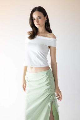 Приталенная футболка с открытыми плечами и короткими рукавами - Defacto фото 3