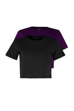 Mor-Antrasit 2li Paket %100 Pamuk Crop Bisiklet Yaka Orme T-Shirt TWOSS20TS1480