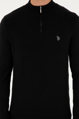 Erkek Slim Fit Yar_m Fermuarl_ Siyah Basic Kazak