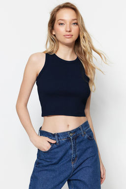 Lacivert-Gri 2li Paket Fitted/Vucuda Oturan Crop Halter Yaka Fitilli Esnek Orme Atlet TWOSS21AL0058