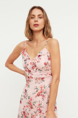 TRENDYOLMILLA Fusya Cicekli Kruvaze Midi Sifon Astarl? Dokuma Elbise TWOSS19EL0375 фото 8