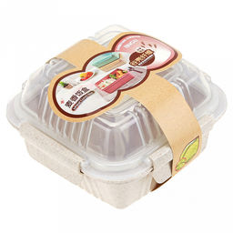 Ланч-бокс для продуктов пластмассовый Эко дом 0,55л, 14х14см h8,5см, с ложкой 13см, крышка прозрачная, с клипсами, с уплотнителем, цвета в ассортименте: бежевый, розовый, голубой (Китай) Пластик с добавлением пшеничных волокон.