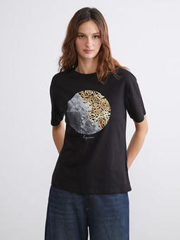 Bisiklet Yaka Bask?l? Oversize Kad?n Ti??rt