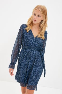 Cok Renkli Kusakl? Kruvaze Leopar Desenli Mini Dokuma Elbise TWOSS20EL0626