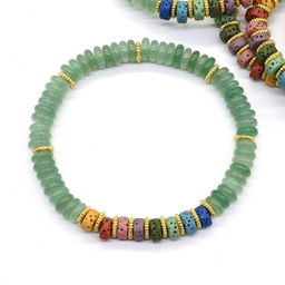 Браслет из авантюрина зеленого диски 6*2мм со вставками из лавы, 16см
