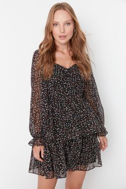 Siyah Cicek Desenli Belden Ac?lan Volanl? Astarl? Dokuma Elbise TWOAW23EL01455