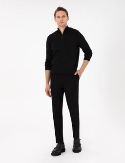 Siyah Slim Fit Fermuarl_ Dik Yaka Triko Kazak