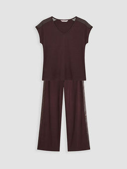 V Yaka T?l Detayl? Kad?n Pijama Tak?m