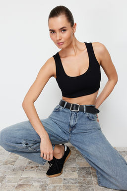 Siyah Ask?l? Super Crop Fitilli Esnek Orme Atlet TWOSS24AL00023