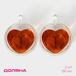 Набор кружек с двойными стенками Доляна Сердце, 150 мл, 11.5?8.5?8 см, 2 шт., стекло, прозрачный