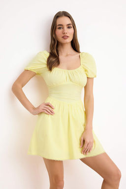 Ac?k Sar? Duz Dantel Detayl? K?sa / Mini Dokuma Elbise TWOSS26EL00131