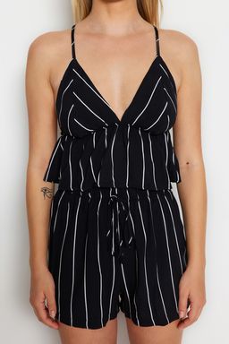 Siyah Cizgili S?rt Baglama Detayl? Ip Ask?l? Viskon Sortlu Dokuma Pijama Tak?m? THMSS23PT00053 - Trendyolmilla фото 3