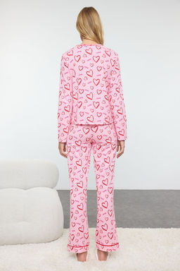 Trendyolmilla Pembe-Cok Renkli %100 Pamuklu Kalpli Biye Detayl? Orme Pijama Tak?m? THMAW25PT00191