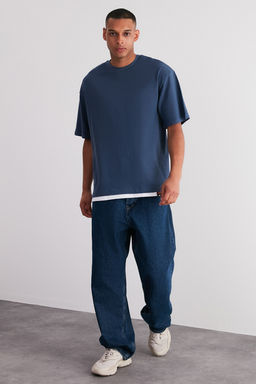 Indigo Oversize Parca Detayl? Dokulu %100 Pamuklu T-Shirt TMNSS24TS00063