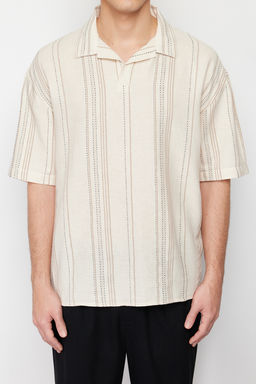 Ekru Cizgili Regular Fit Yar?m Pat Gomlek TMNSS24GO00045