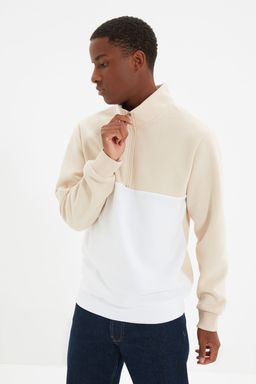 Bej Regular/Normal Kesim Dik Yaka Panelli Fermuarl? Ici Polar/S?cak Tutan Sweatshirt TMNAW21SW0347