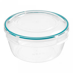 Контейнер для продуктов пластмассовый 0,86л, д15,3см, h8,5см, круглый, герметичный, ручки-клипса, прозрачный, с зеленой оконтовка (Россия)