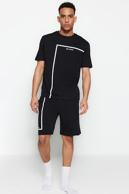 Siyah Regular Fit Bisiklet Yaka Bask_l_ _ortlu Pijama Tak_m_ TMNSS23PT00017