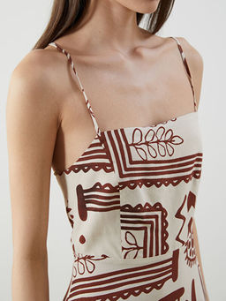 Kare Yaka Desenli Keten Kar???ml? Elbise