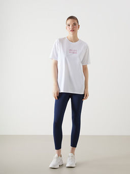 Bisiklet Yaka Bask?l? Oversize Kad?n Spor Ti??rt